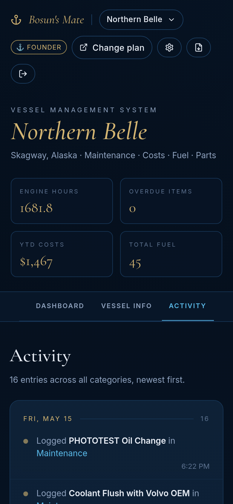 Activity feed — A git-log for your boat — every entry, chronologically.