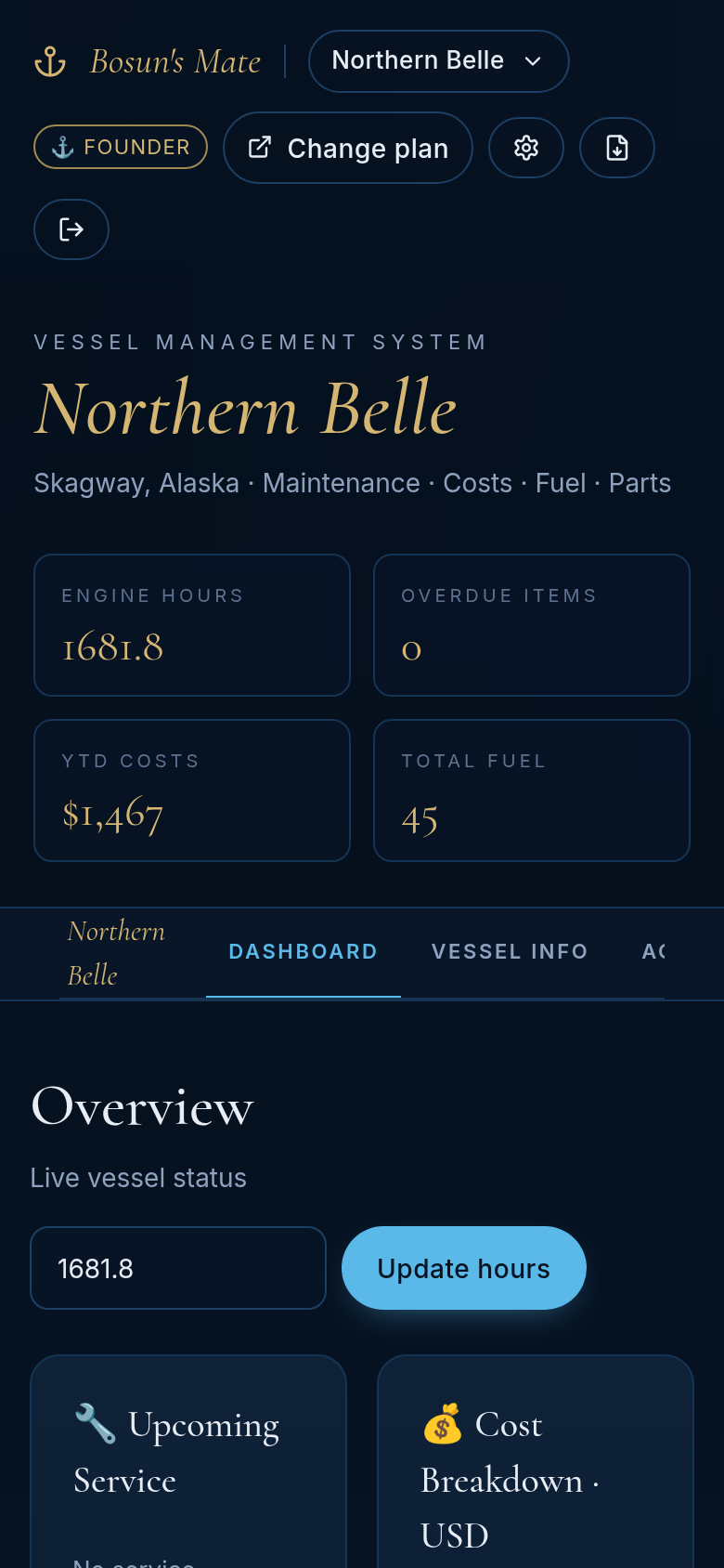 Bosun's Mate dashboard showing engine hours, YTD costs, fuel, and maintenance for Northern Belle