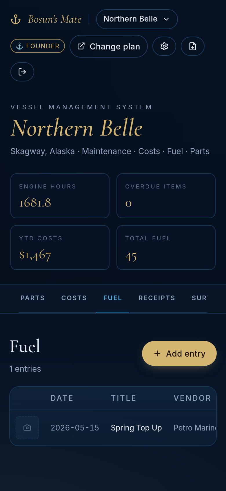 Fuel log — Litres or gallons, cost per fill, engine hours at fill.