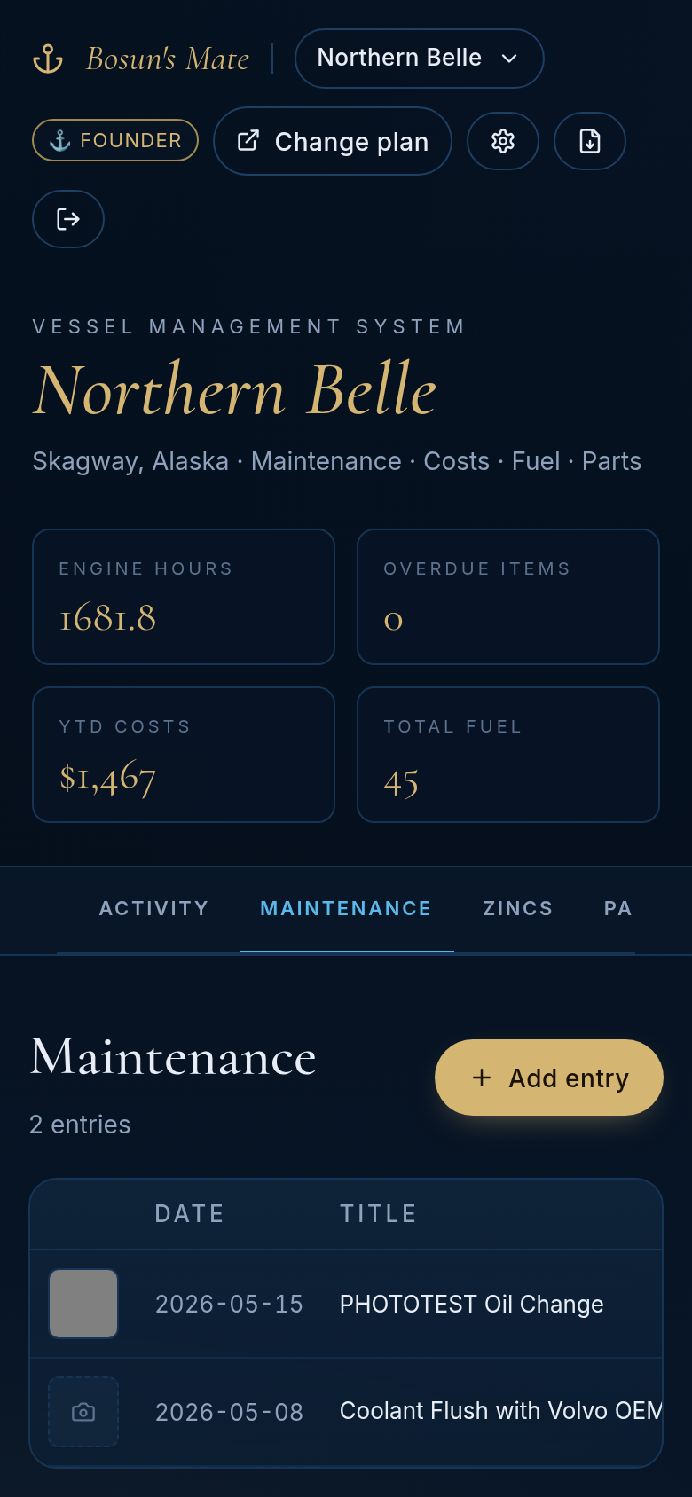 Maintenance — Photo-attached entries, due dates by hour or date.